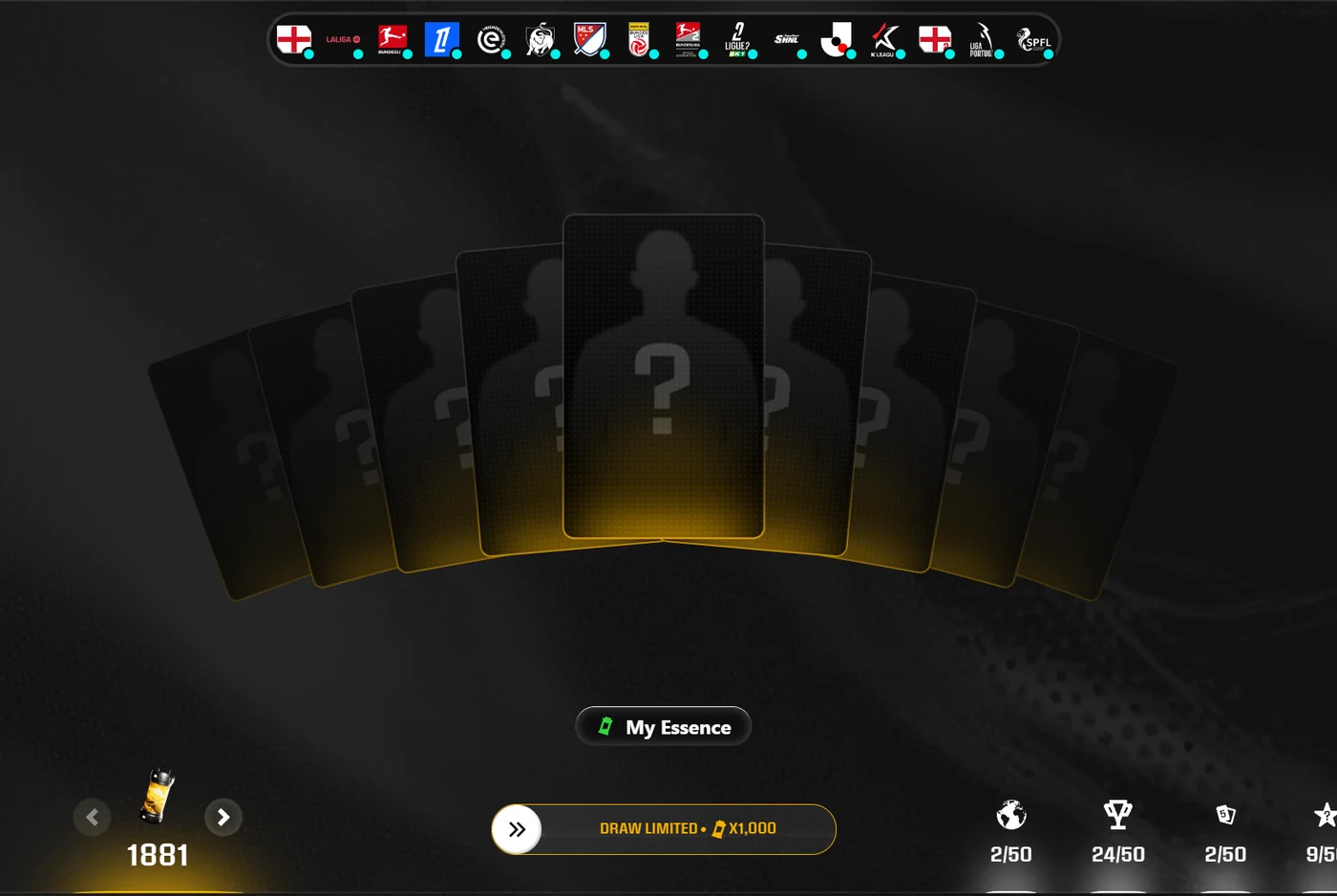 The Sorare Essence crafting screen showing a fan of face-down player cards.
