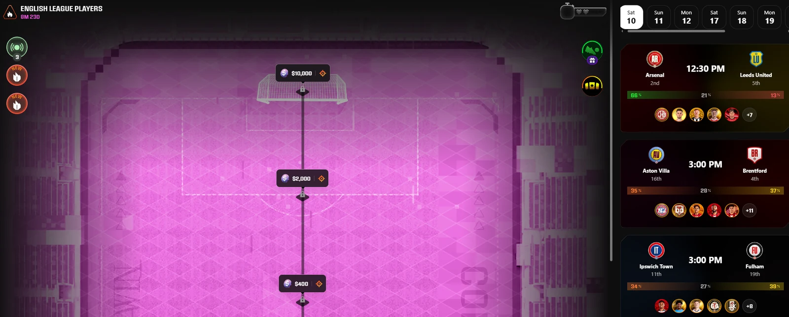 Sorare Pro Mode screen showing football fixtures, a pitch and reward checkpoints.